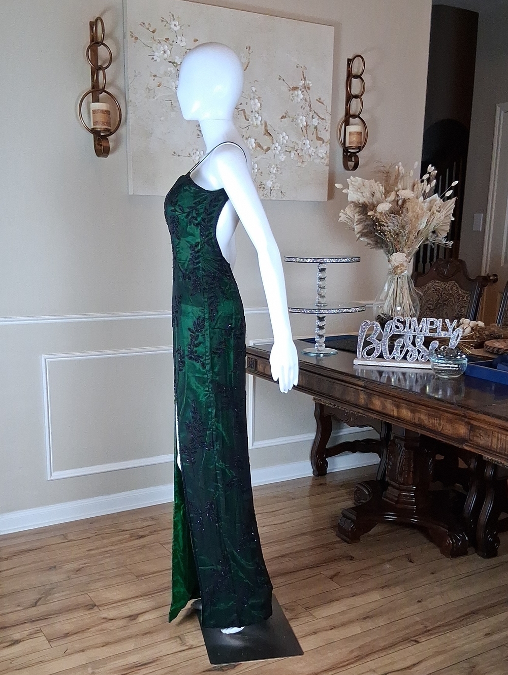 Women's Emerald Green Beaded Spaghetti-Strap Floor Length Evening Gown Size S - Picture 7 of 16